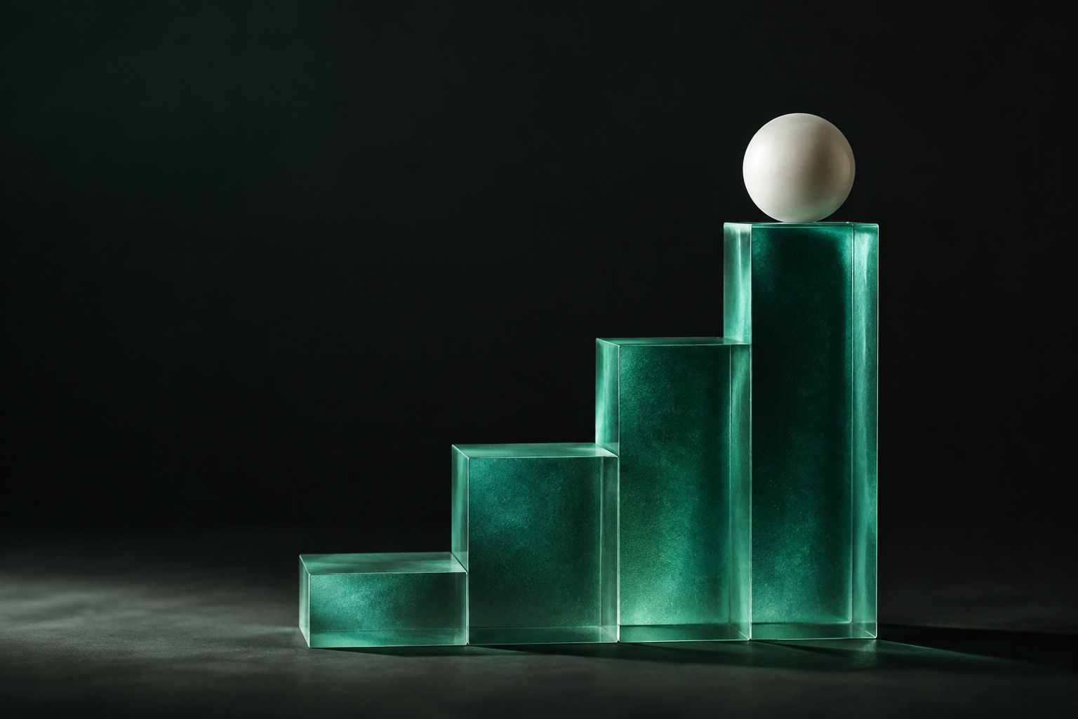 Emerald glass steps rising toward a pale sphere, an illustration of patient growth